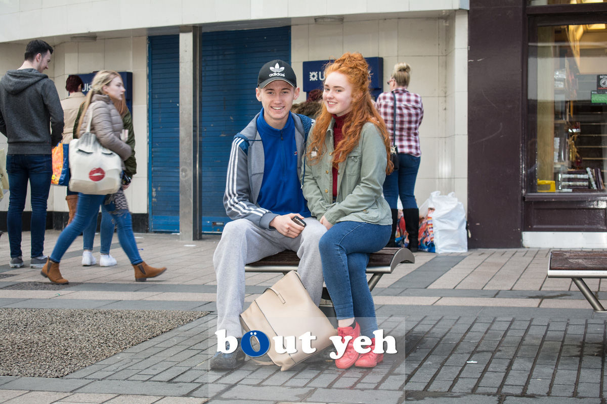 Young couple in Cornmarket, Belfast. Photo 2718, full frame.