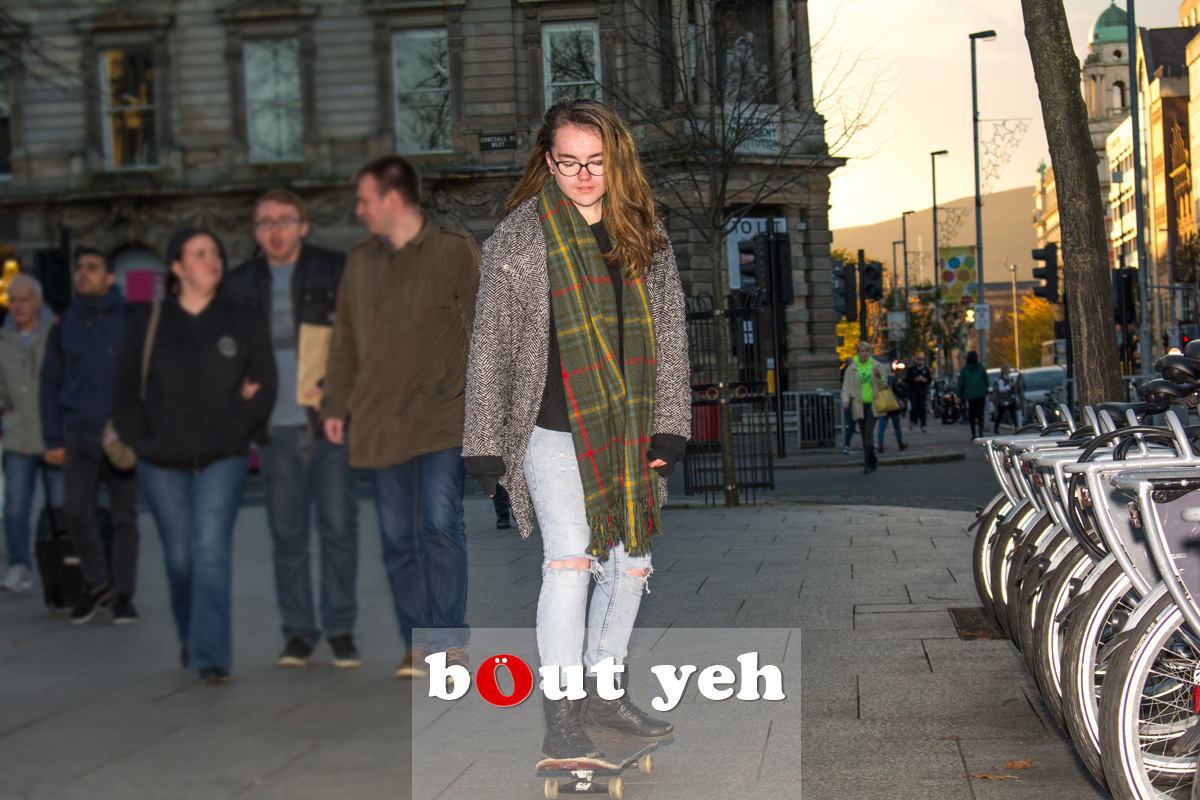 Skateboarding girl, Belfast. Photo 2540.