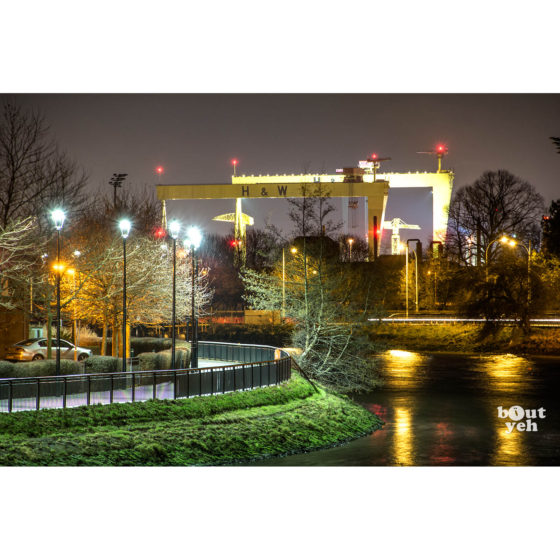 Photograph of Harland and Wolff Cranes reflected in the River Lagan, Belfast, Northern Ireland. Photo by Stephen S T Bradley. Photo reference 0329, 3x2 ratio.