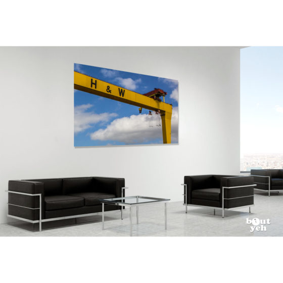Harland and Wolff Cranes (Big Yellow on Blue) JMcL - 3x2 photo in room setting.