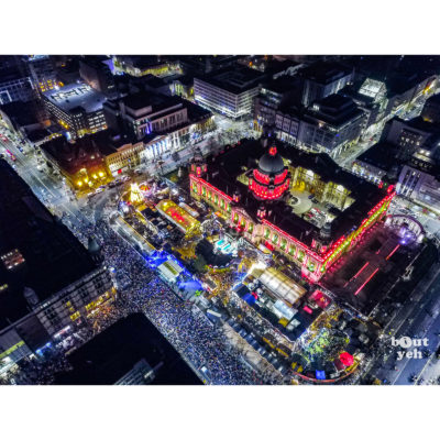 Christmas crowds at Belfast City Hall, aerial photo - Bout Yeh photographers Belfast photographic print for sale.