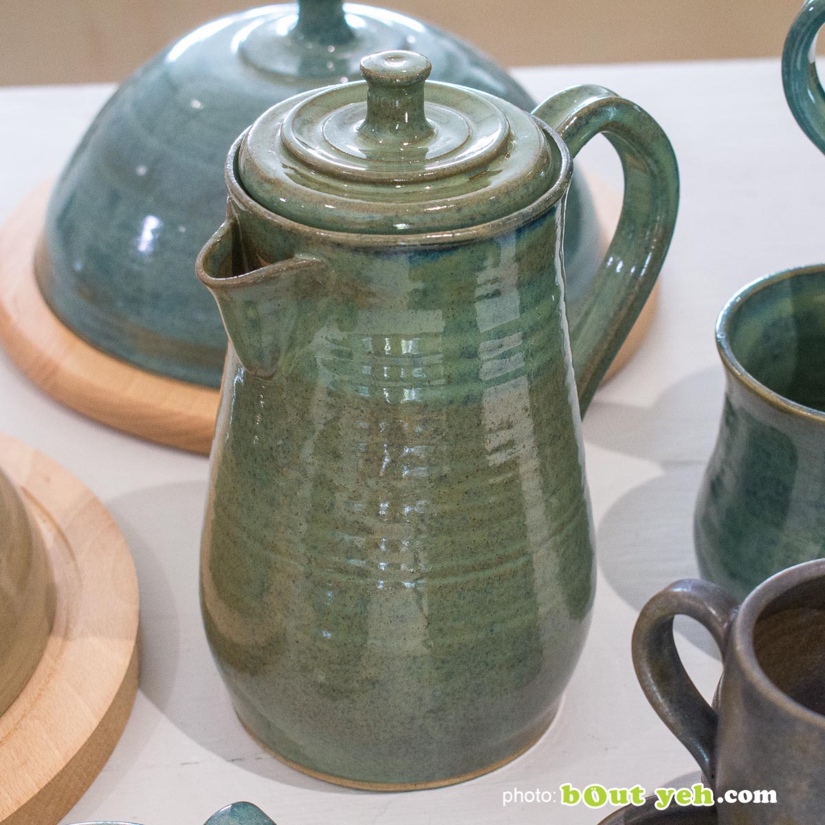 Contemporary hand made Irish pottery - tiffany blue and green coffee pot from Bout Yeh arts and crafts gallery Belfast and Dublin. Photo 1443