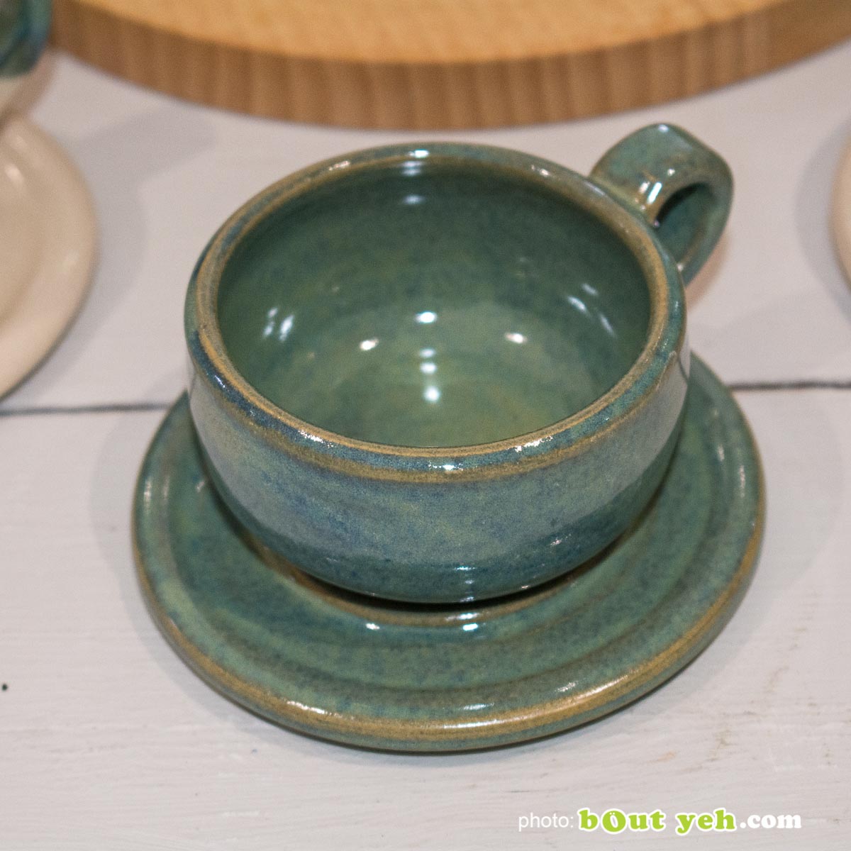 Hand made espresso set of 2 cups and saucers in green and blue - photo 1432.