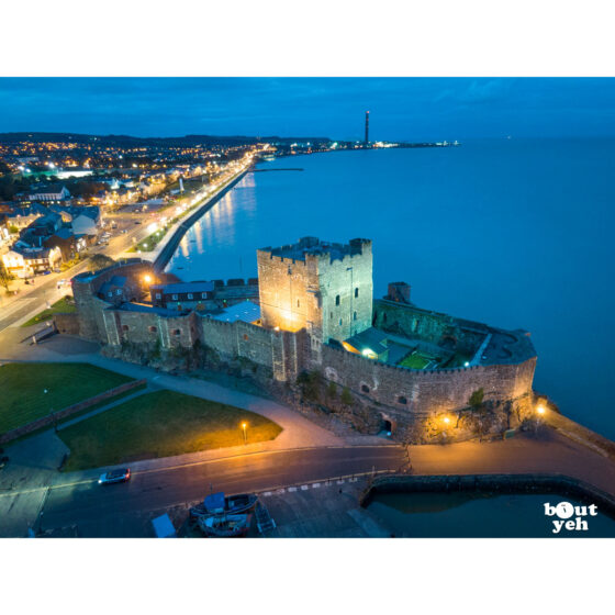 Aerial photo of Carrickfergus Castle at night - photo 0182 for sale by Bout Yeh art gallery Belfast and Dublin, Ireland