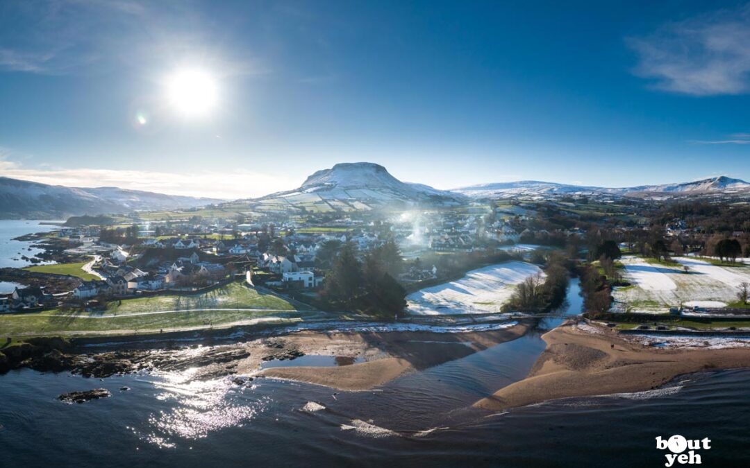 Aerial photo of Cushendall and Tievebulliagh in winter