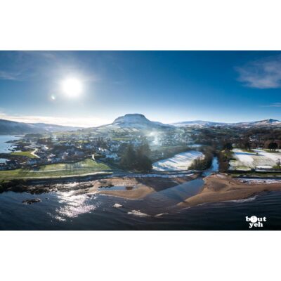Aerial photo of Cushendall, Tievebulliagh and River Dall in winter by Bout Yeh photographers Belfast. Photo 230121.