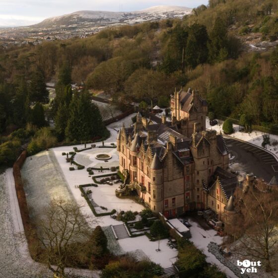 Aerial photograph of Belfast Castle surrounded by snow in winter by Bout Yeh photographers Belfast. Section of photo 311220.